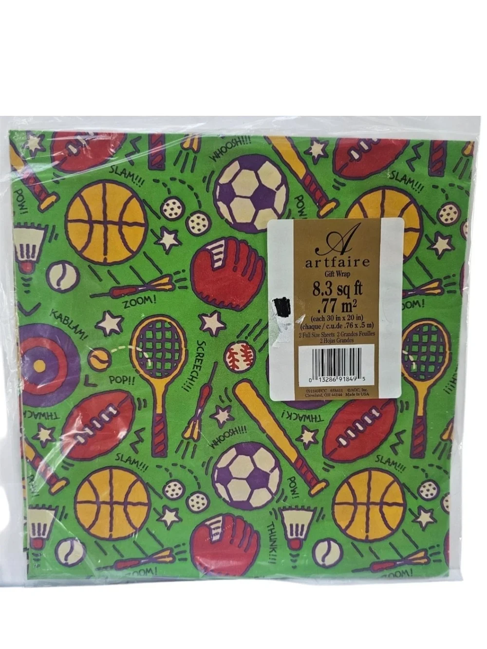 Artfaire Gift Wrap Wrapping Paper Sports 2 Sheets Baseball Football Soccer Dart
